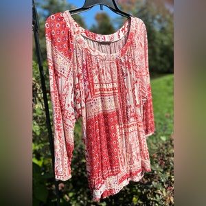 Dalia Collection Orange/Cranberry/Cream Bohemian Print Blouse Shirt | Size L |